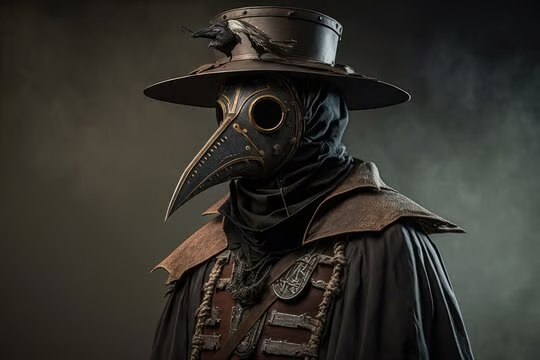 Historical plague doctor wearing a beaked mask